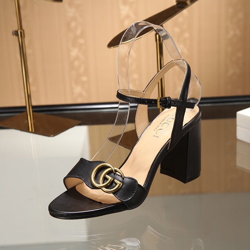 GG Marmont Ankle Strap Sandal 8cm Black Sheepskin 342564