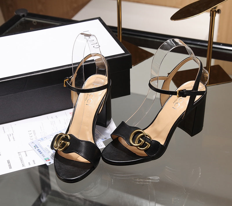 GG Marmont Ankle Strap Sandal 8cm Black Sheepskin 342564