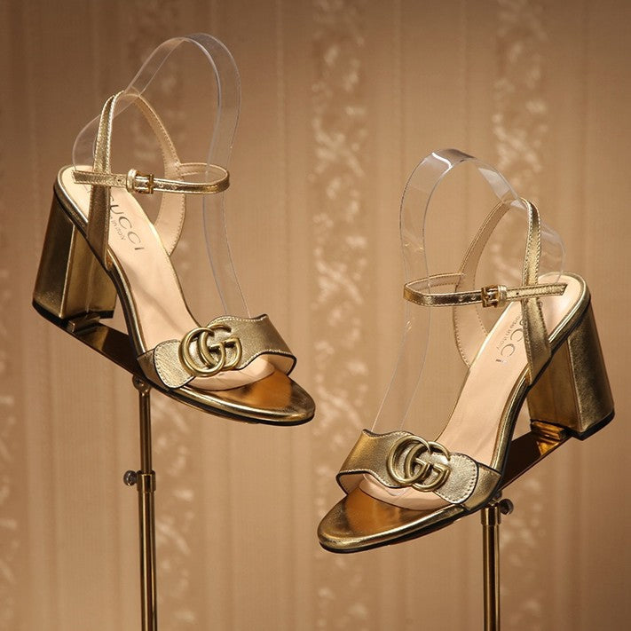 GG Marmont Ankle Strap Sandal 8cm Gold Sheepskin 342566