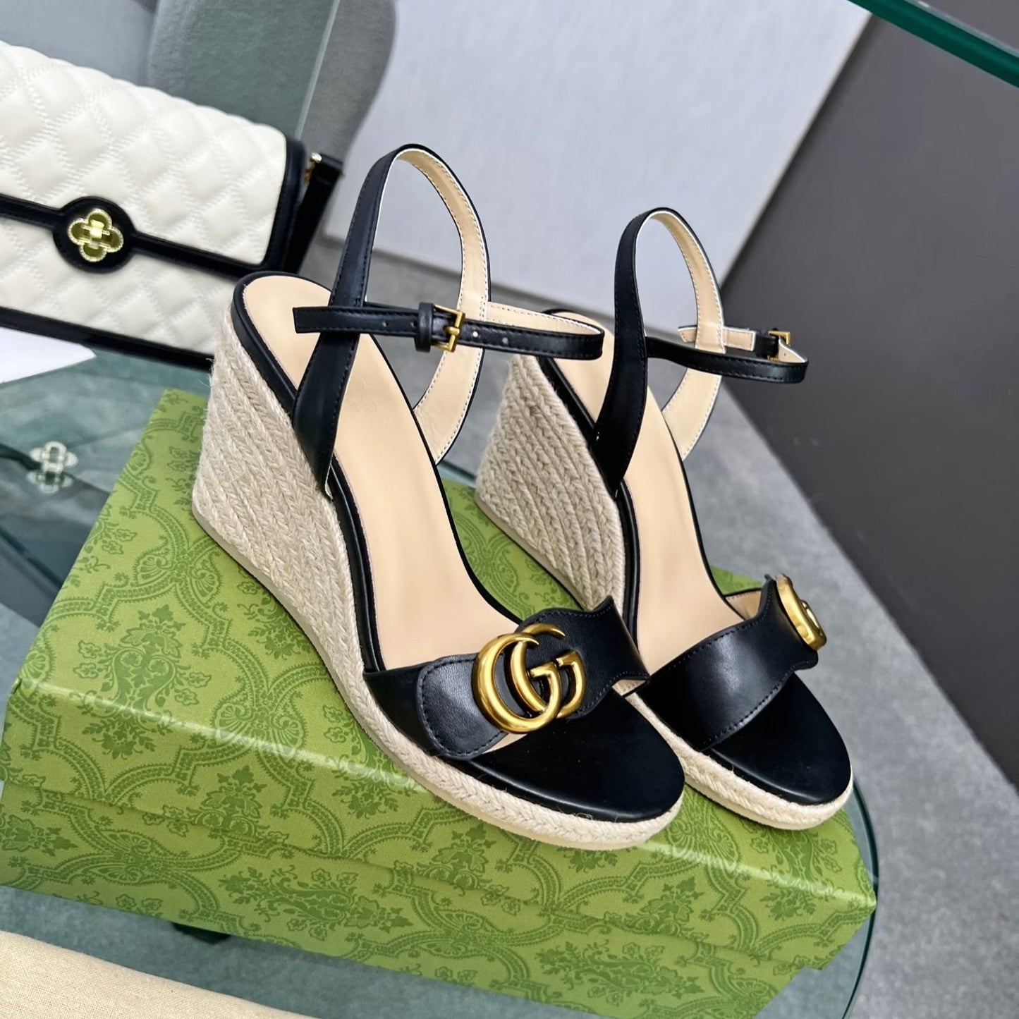 GG 26s Straw Platform Sandals 8cm Black Leather 926710