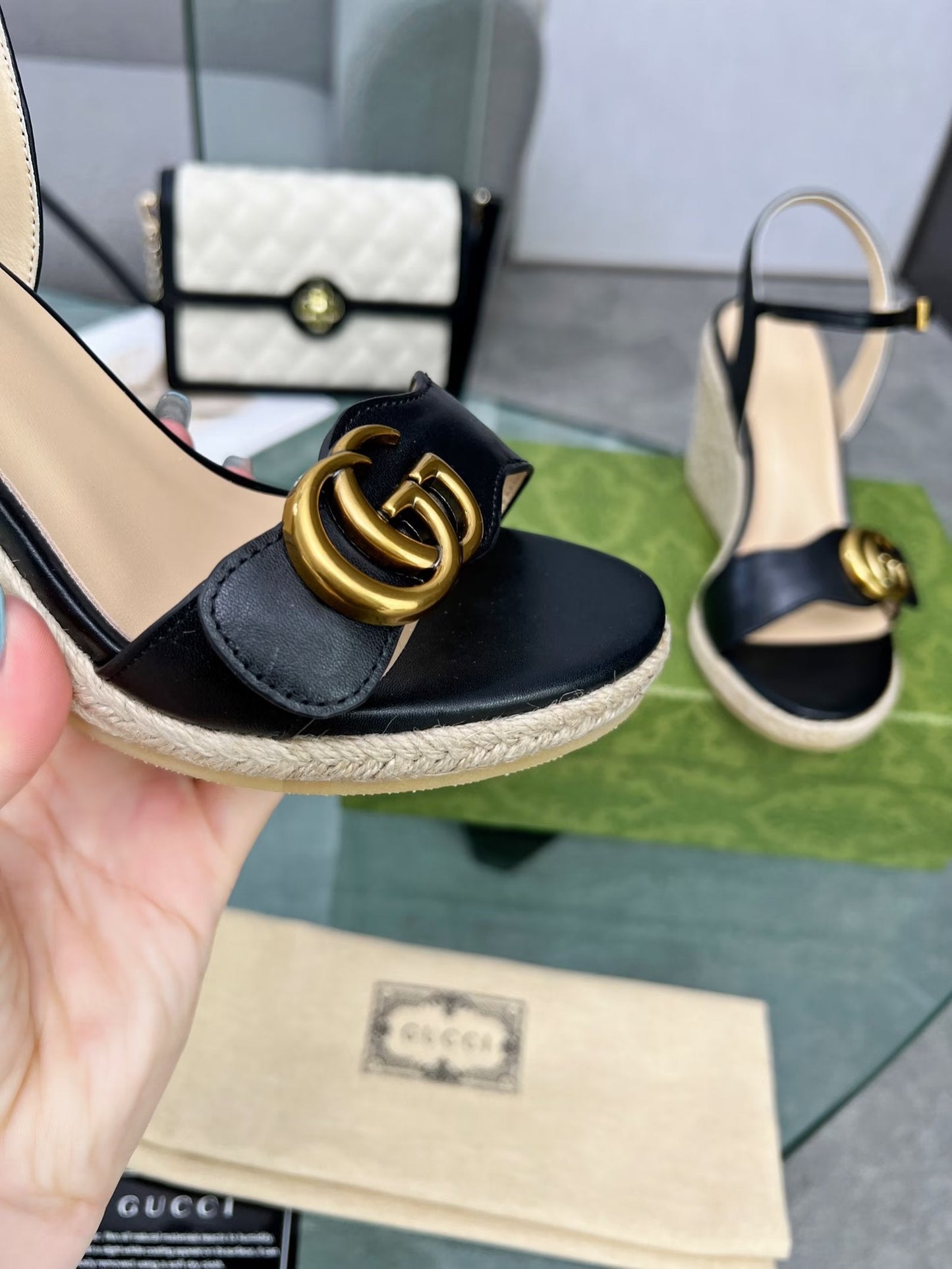 GG 26s Straw Platform Sandals 8cm Black Leather 926710