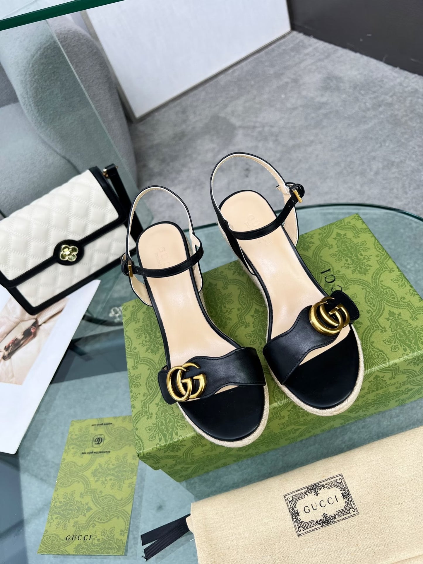 GG 26s Straw Platform Sandals 8cm Black Leather 926710