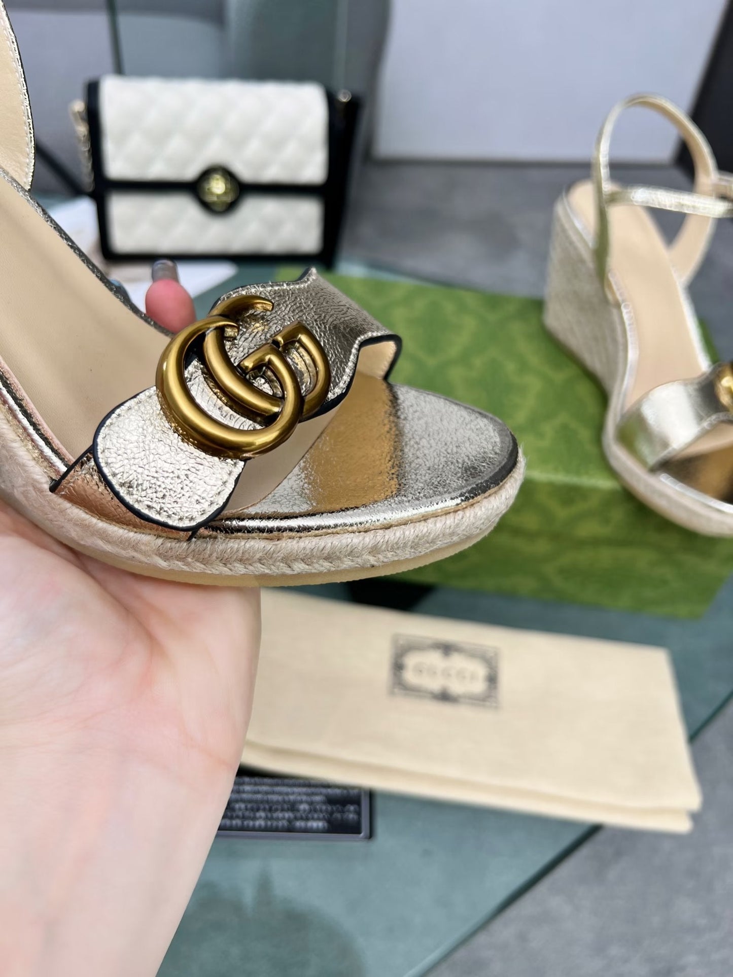 GG 26s Straw Platform Sandals 8cm Light Gold Metalic Leather 926714