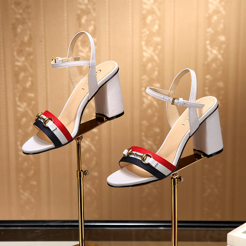 GG 26s Horsebit Sandals 8cm White Leather Canvas 926697