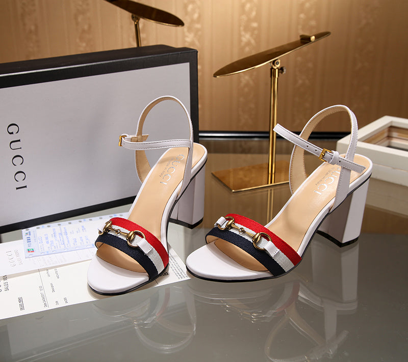 GG 26s Horsebit Sandals 8cm White Leather Canvas 926697