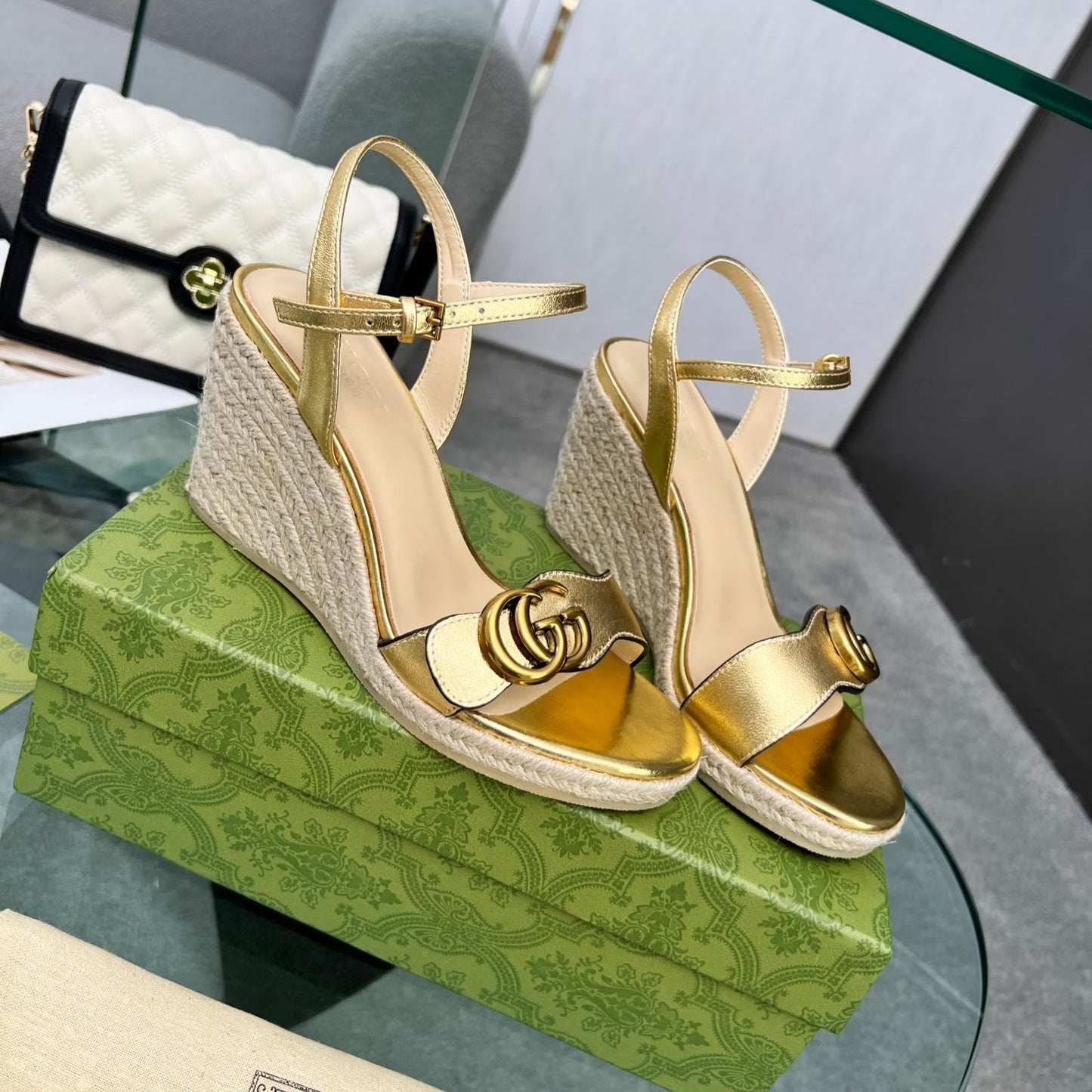 GG 26s Straw Platform Sandals 8cm Gold Leather 926712