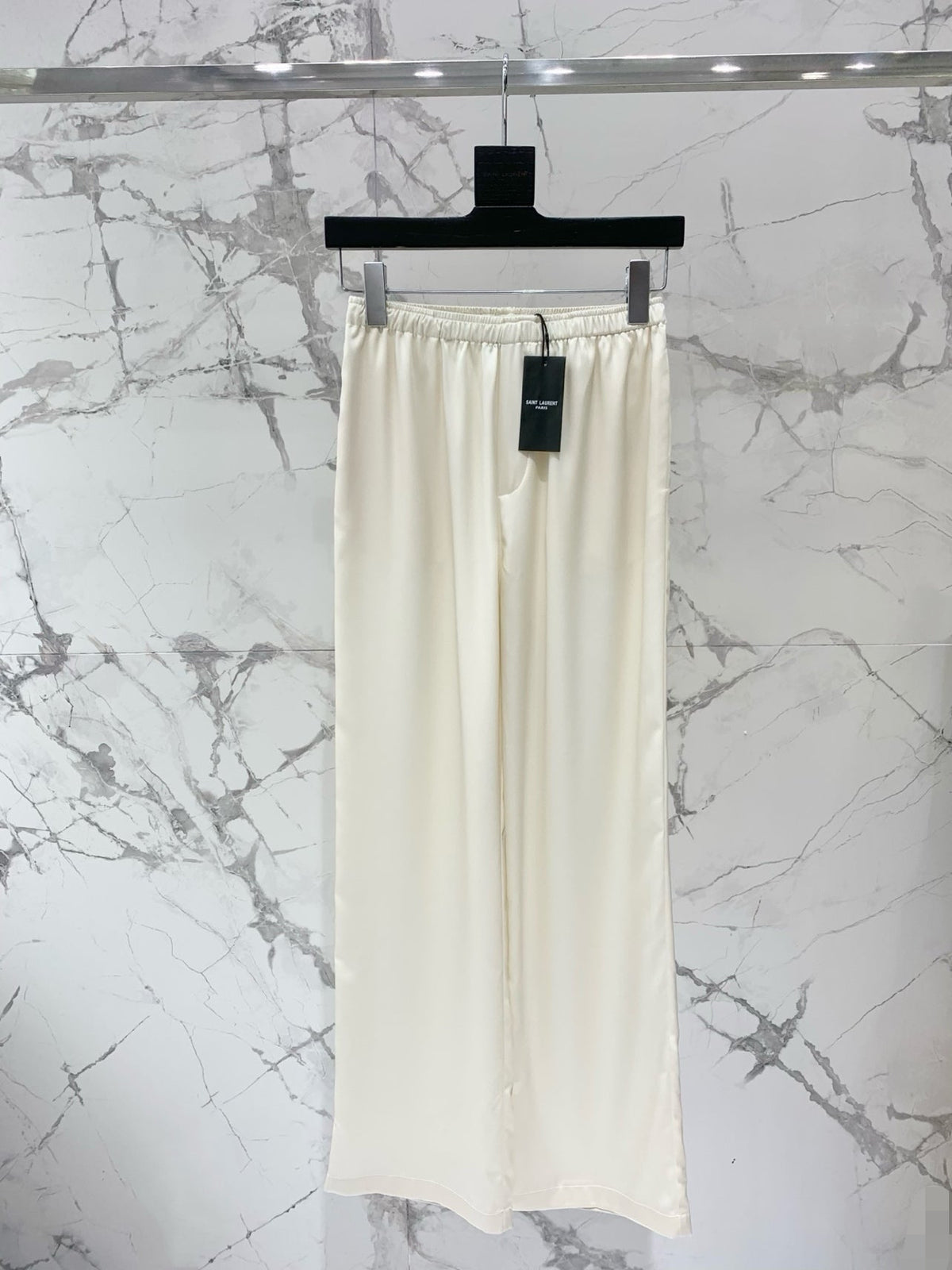 YSL 26s Wide-Leg Trousers White Silk 408686