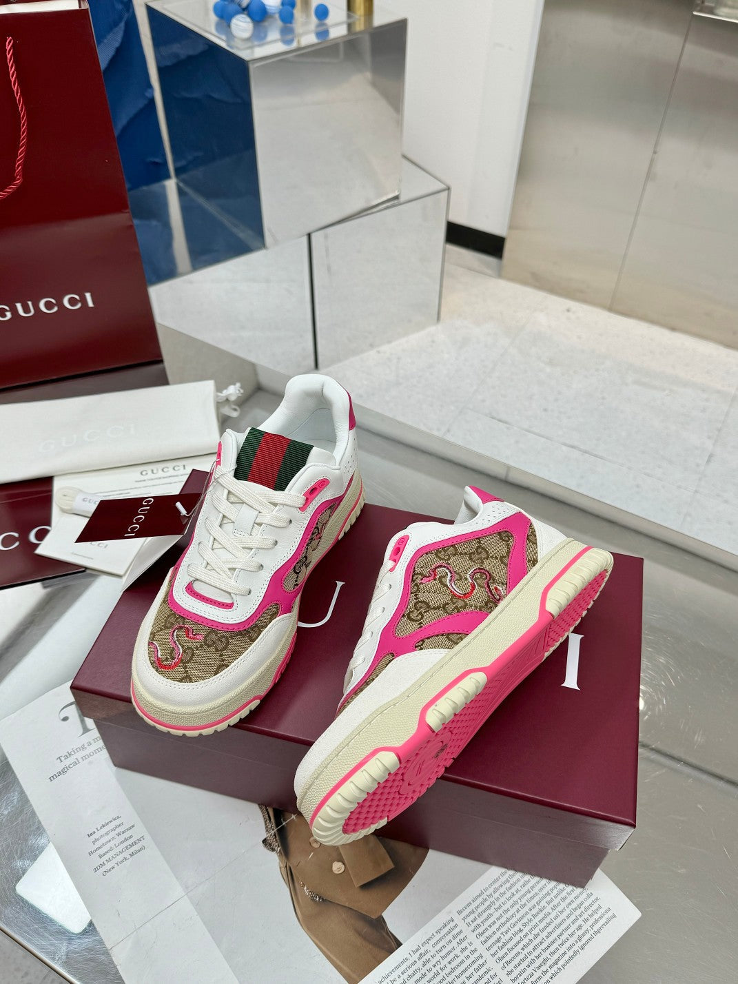 GG Re-Web Sneakers Pink Brown White Suede Cowhide Fabric 564717