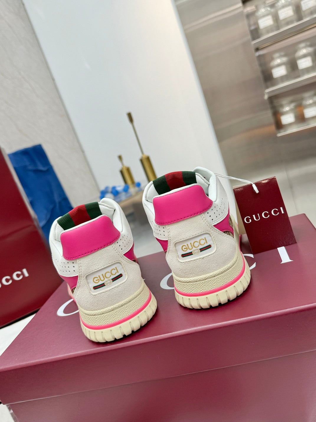 GG Re-Web Sneakers Pink Brown White Suede Cowhide Fabric 564717