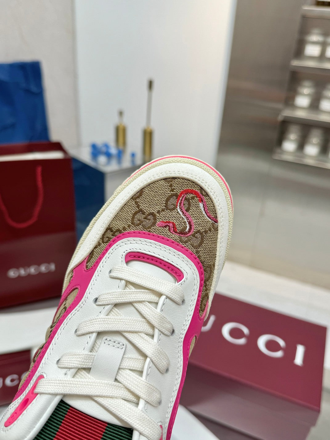 GG Re-Web Sneakers Pink Brown White Suede Cowhide Fabric 564717
