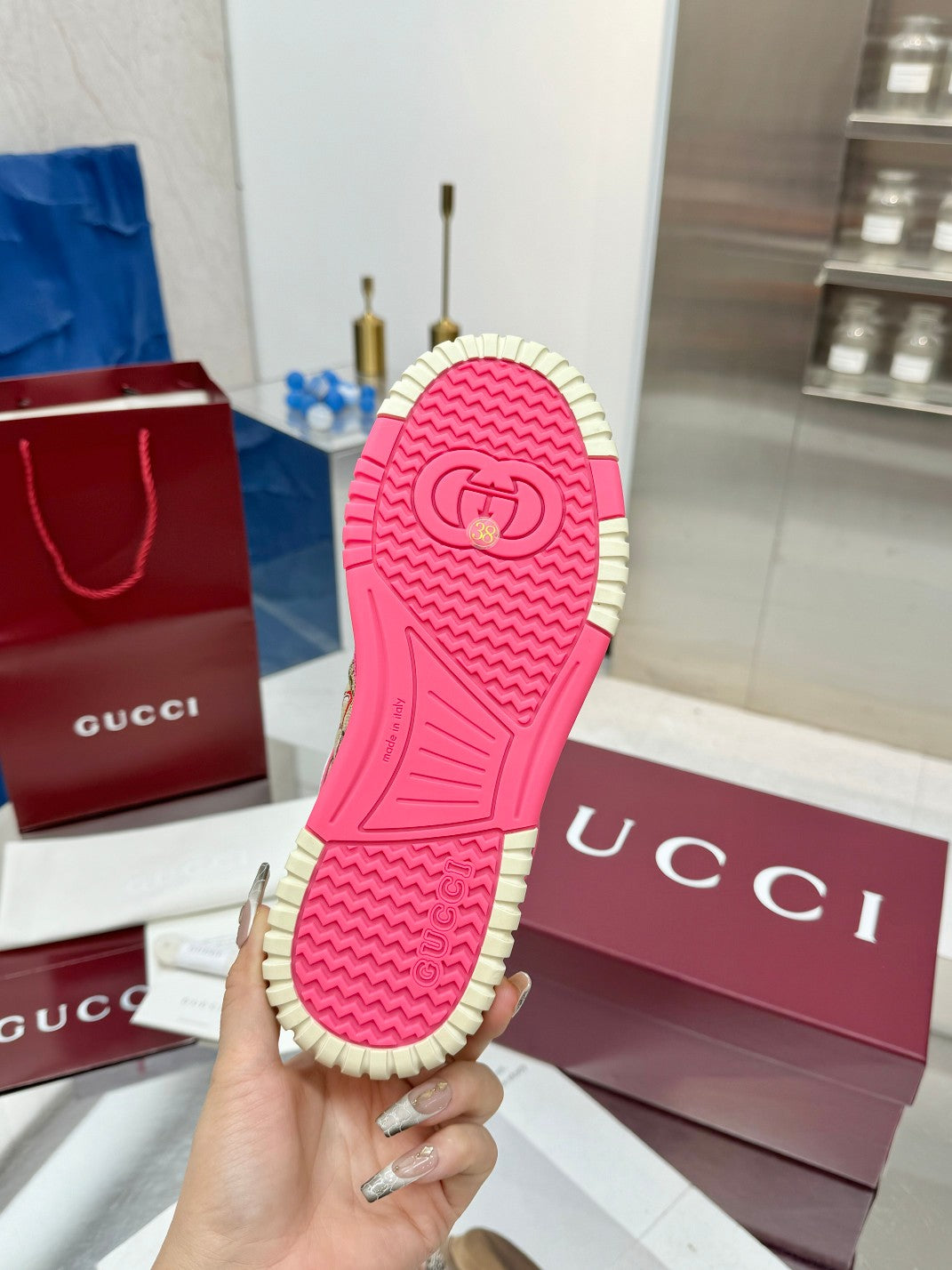GG Re-Web Sneakers Pink Brown White Suede Cowhide Fabric 564717