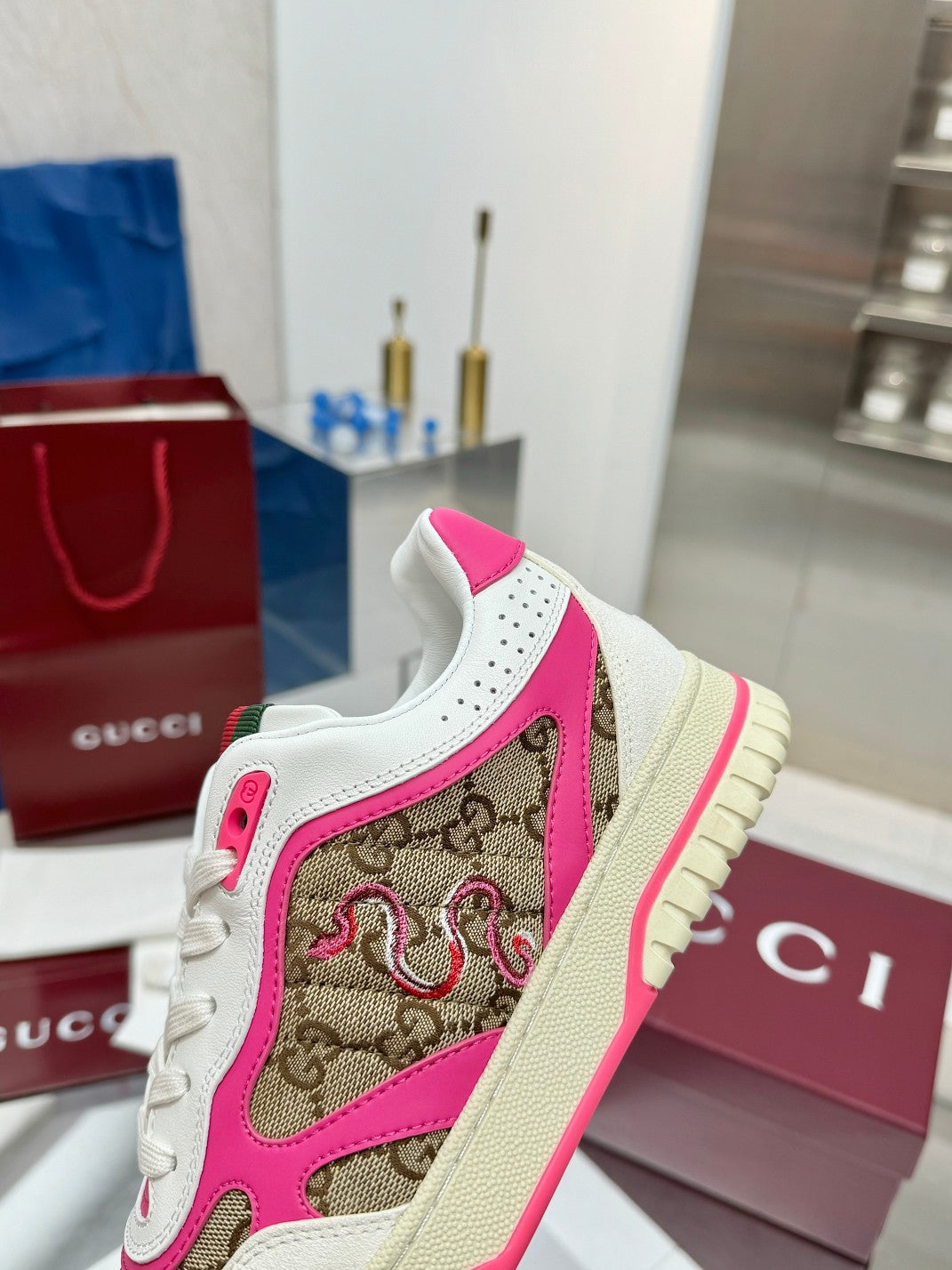 GG Re-Web Sneakers Pink Brown White Suede Cowhide Fabric 564717