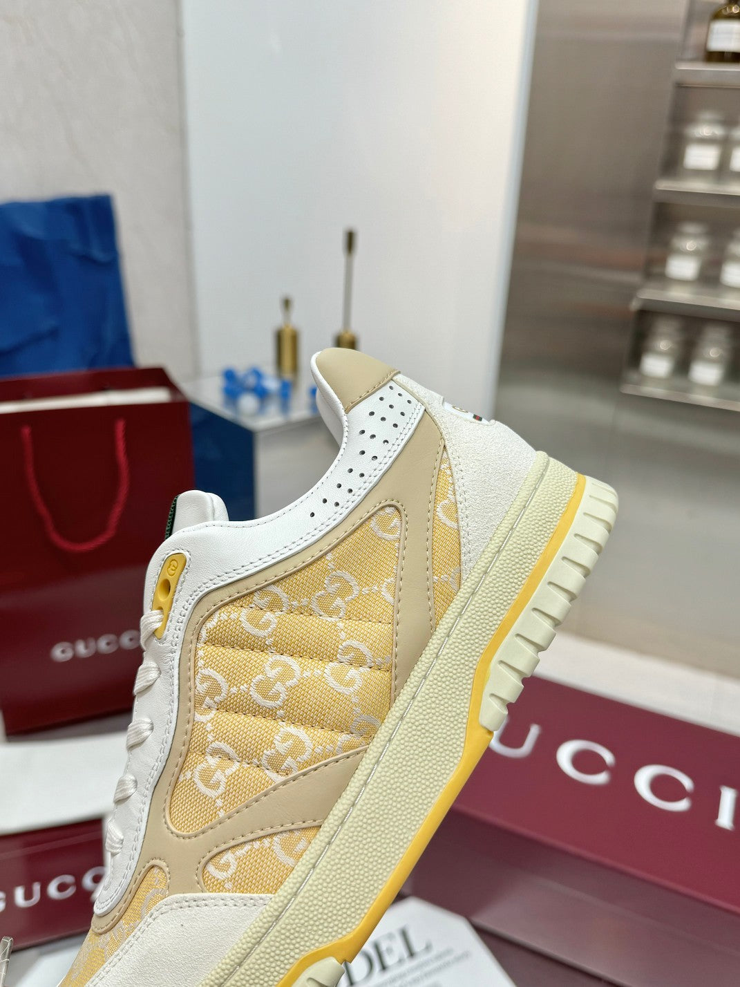 GG Re-Web Sneakers Light Yellow White Suede Cowhide Fabric 564718