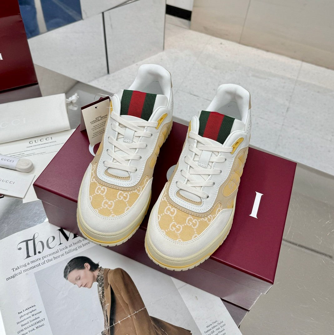 GG Re-Web Sneakers Light Yellow White Suede Cowhide Fabric 564718