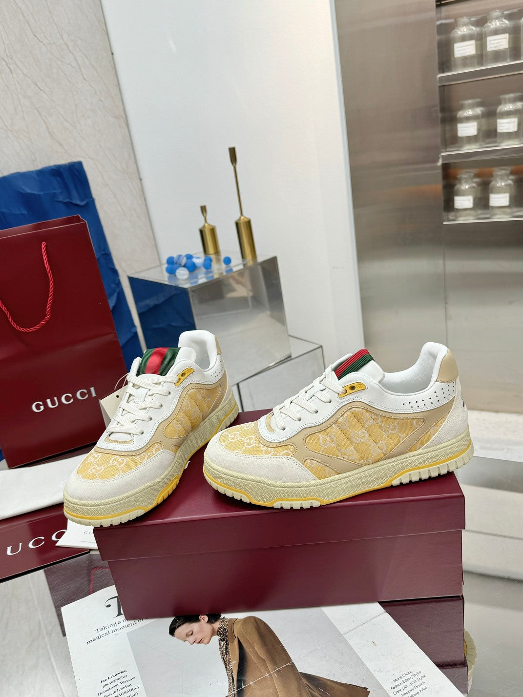 GG Re-Web Sneakers Light Yellow White Suede Cowhide Fabric 564718