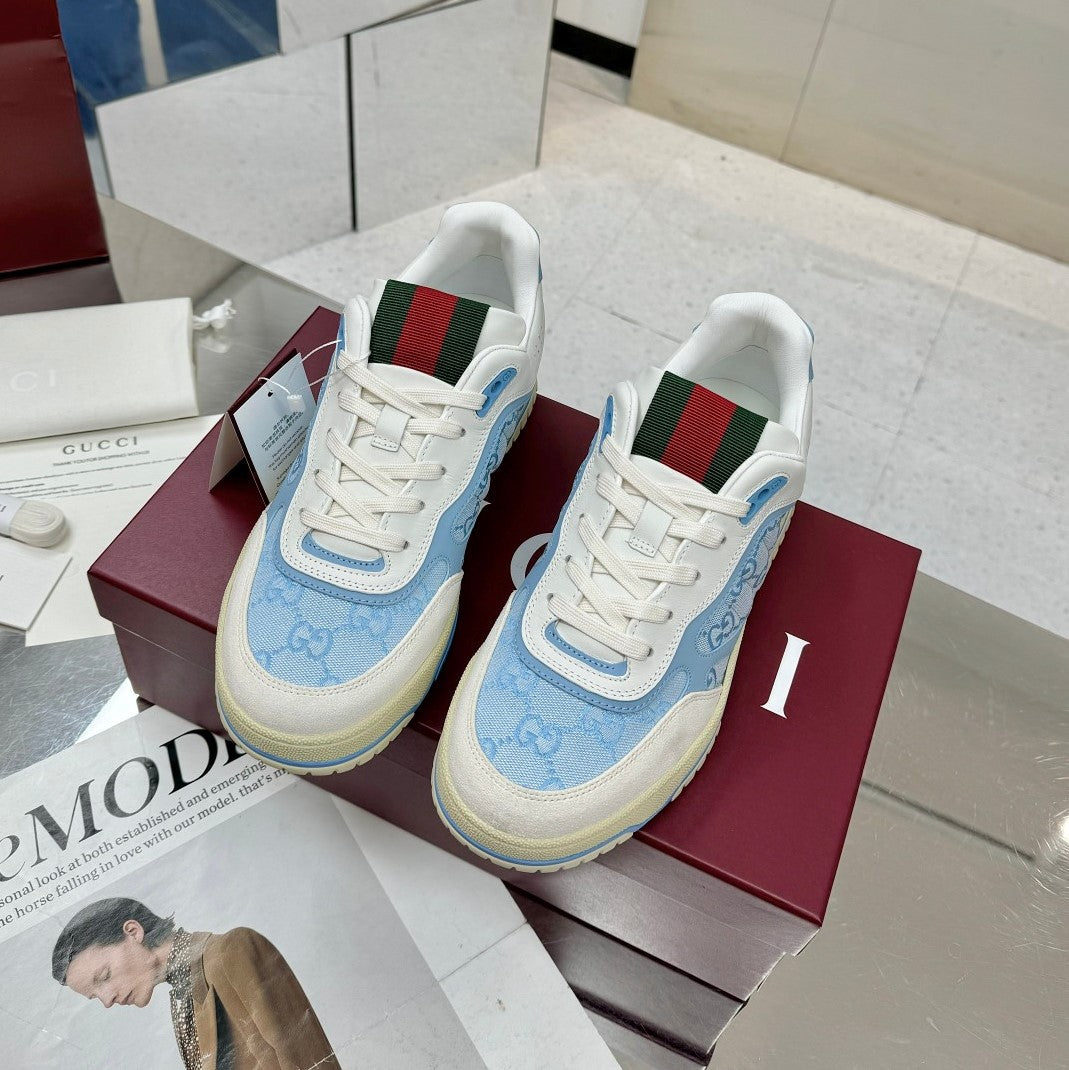 GG Re-Web Sneakers Light Blue White Suede Cowhide Fabric 564719