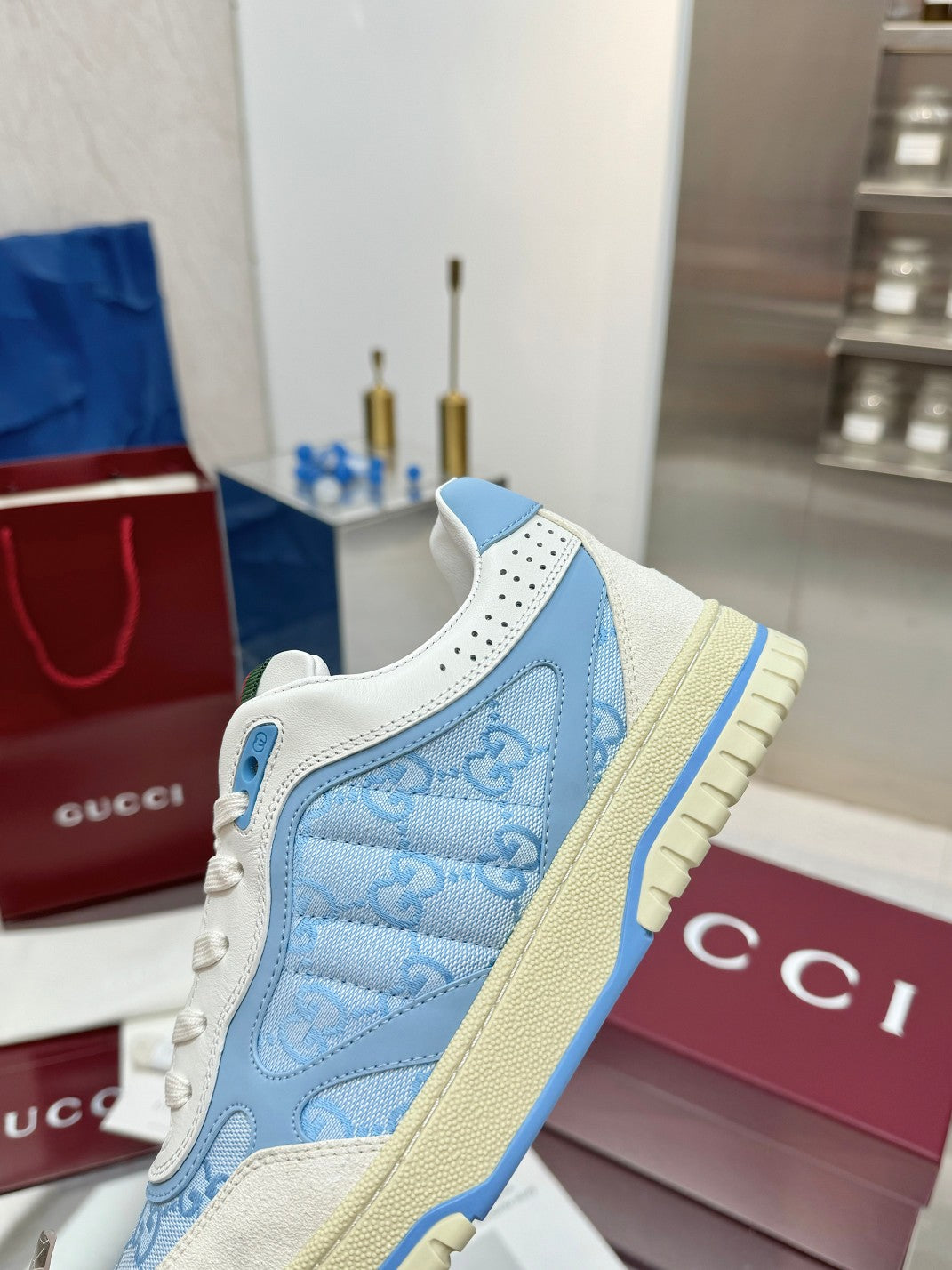 GG Re-Web Sneakers Light Blue White Suede Cowhide Fabric 564719
