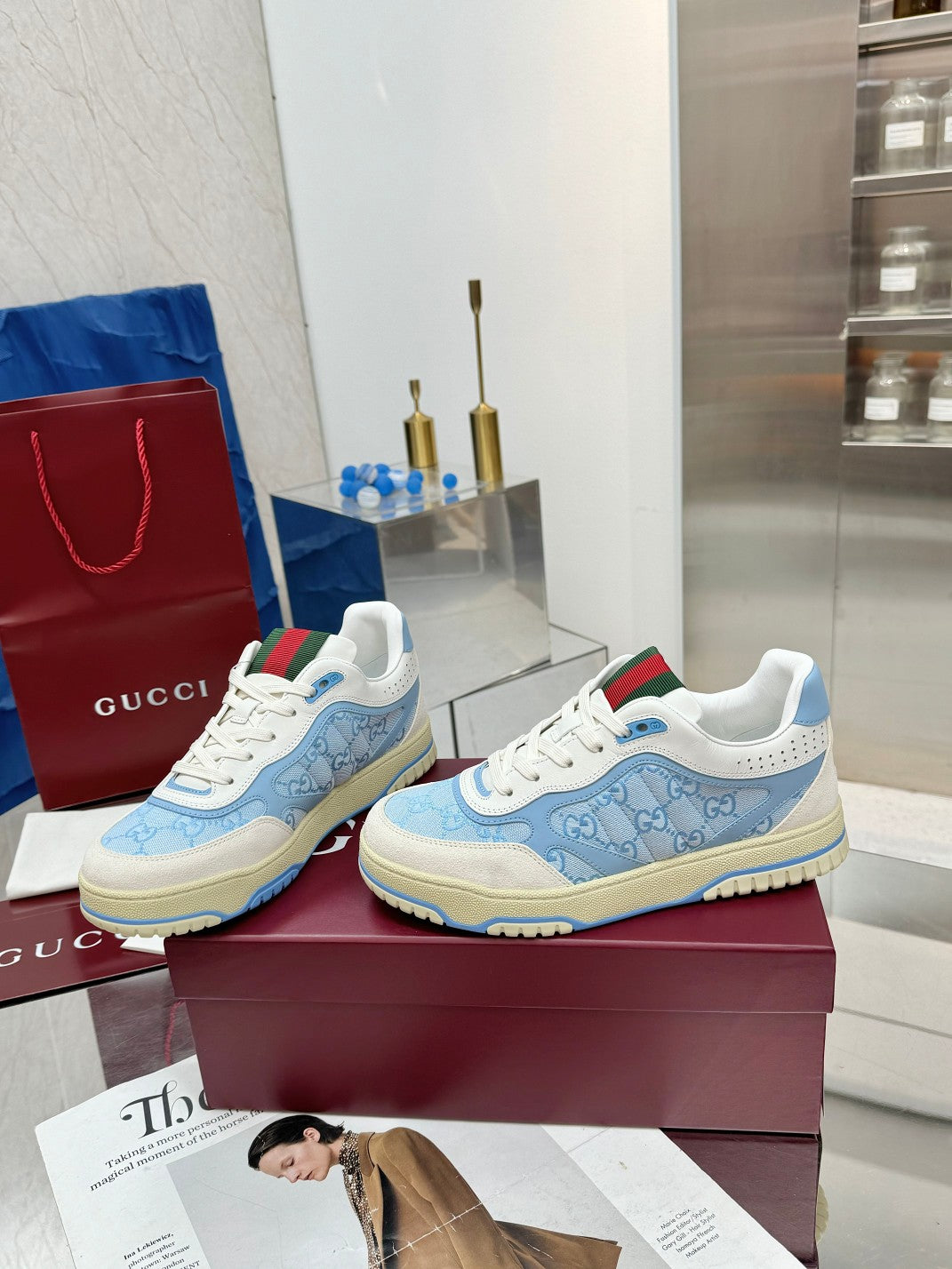GG Re-Web Sneakers Light Blue White Suede Cowhide Fabric 564719