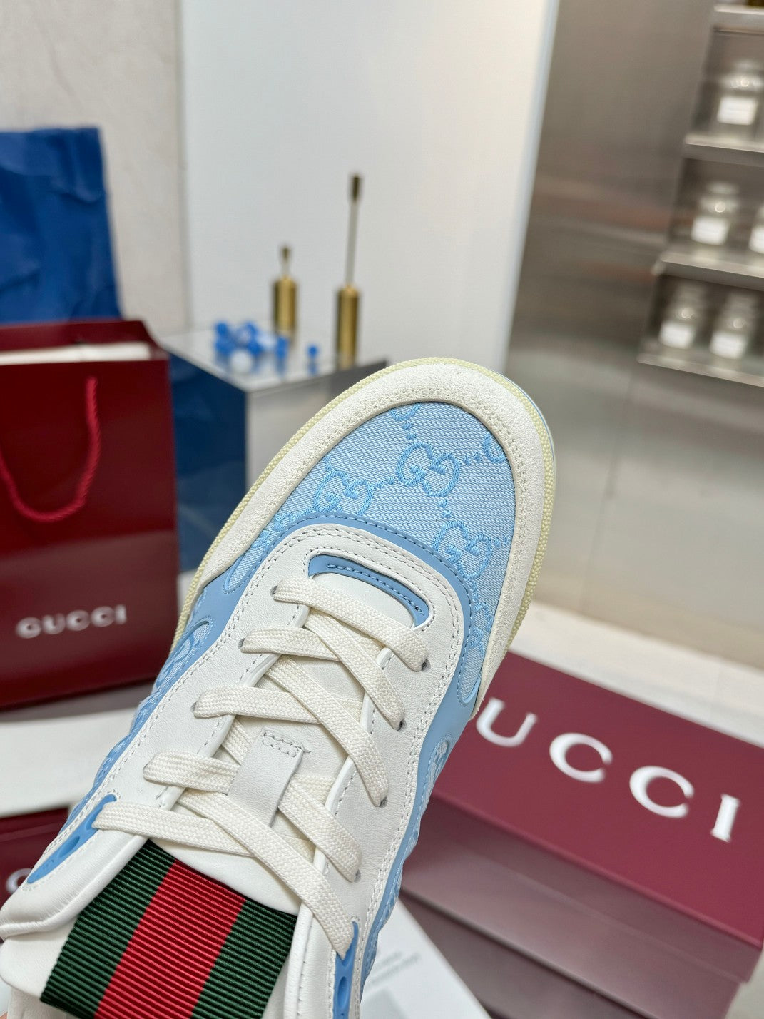 GG Re-Web Sneakers Light Blue White Suede Cowhide Fabric 564719