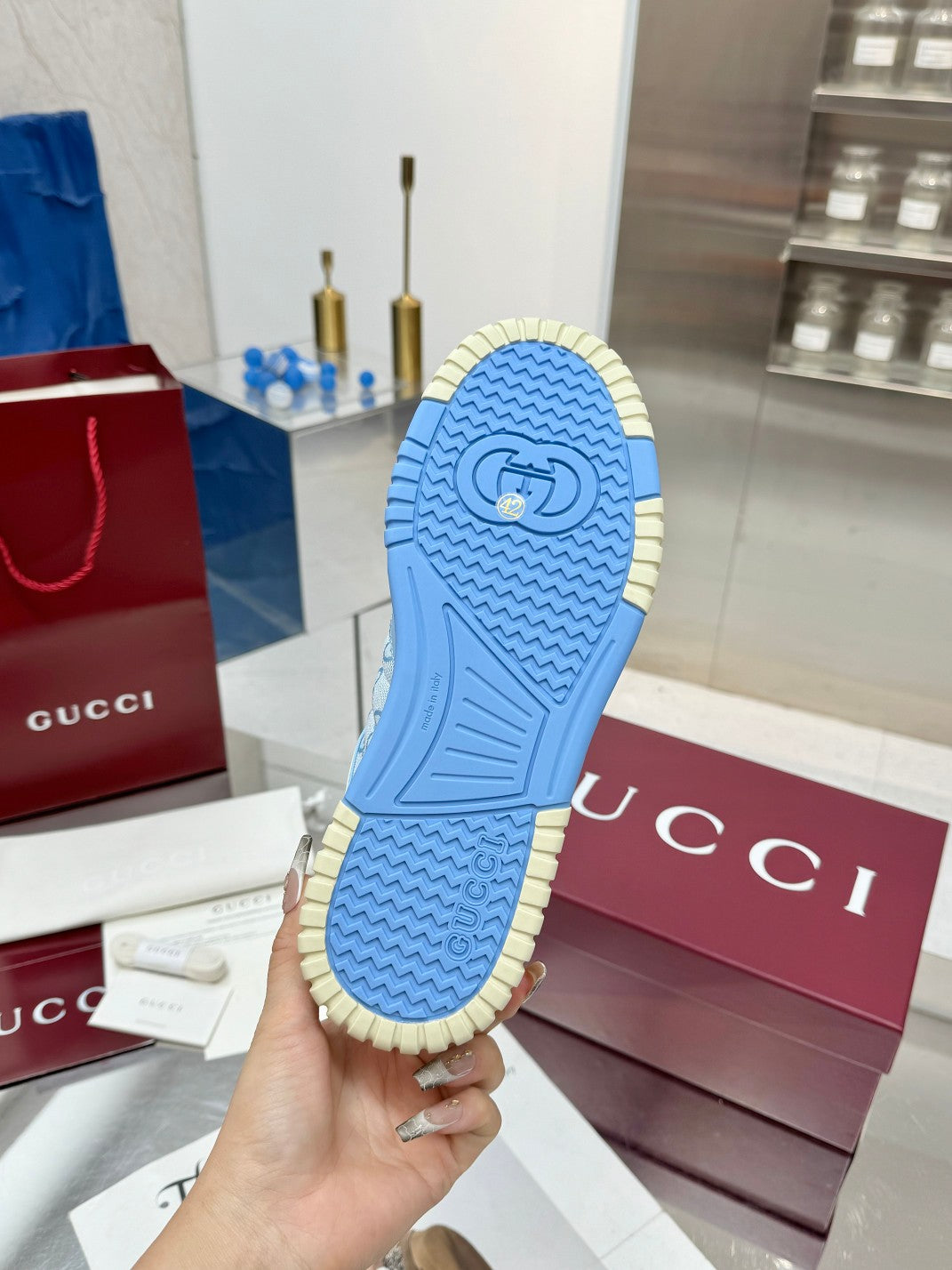 GG Re-Web Sneakers Light Blue White Suede Cowhide Fabric 564719