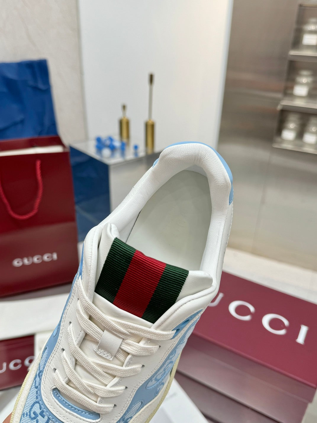 GG Re-Web Sneakers Light Blue White Suede Cowhide Fabric 564719