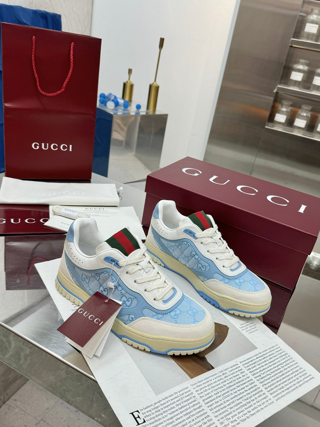 GG Re-Web Sneakers Light Blue White Suede Cowhide Fabric 564719