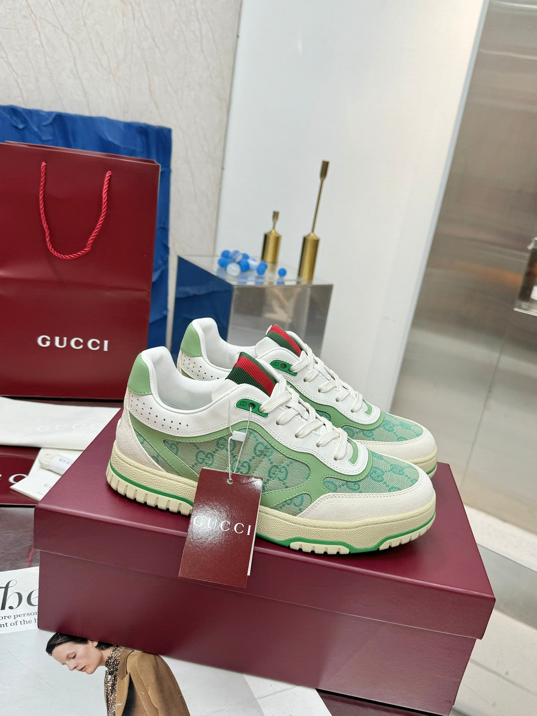 GG Re-Web Sneakers Light Green White Suede Cowhide Fabric 564720