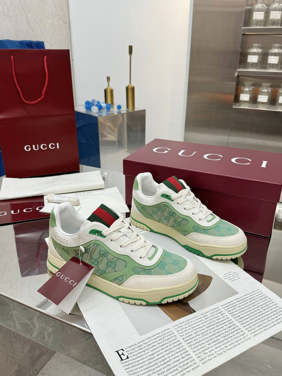 GG Re-Web Sneakers Light Green White Suede Cowhide Fabric 564720