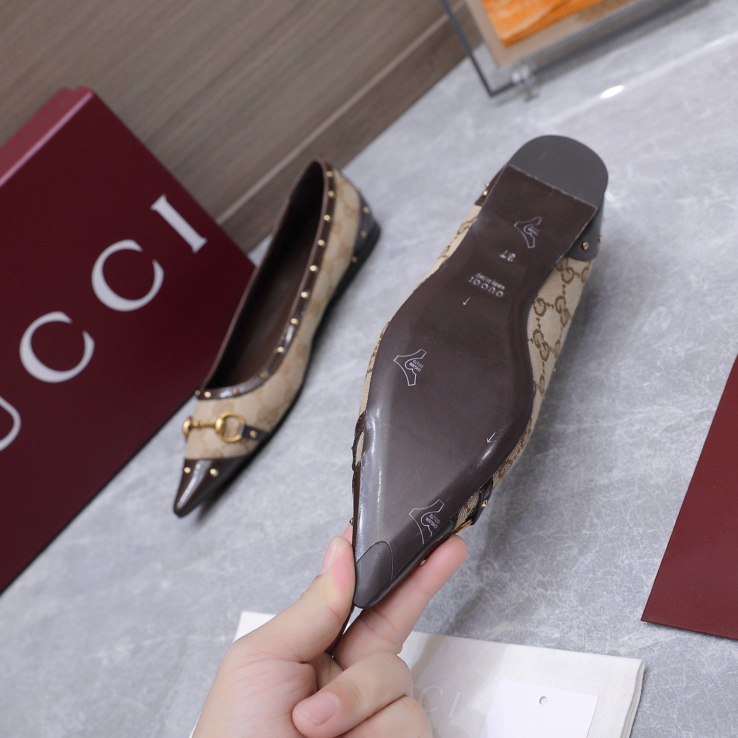 GG Savoy Ballerina Beige Brown Denim Leather 864281