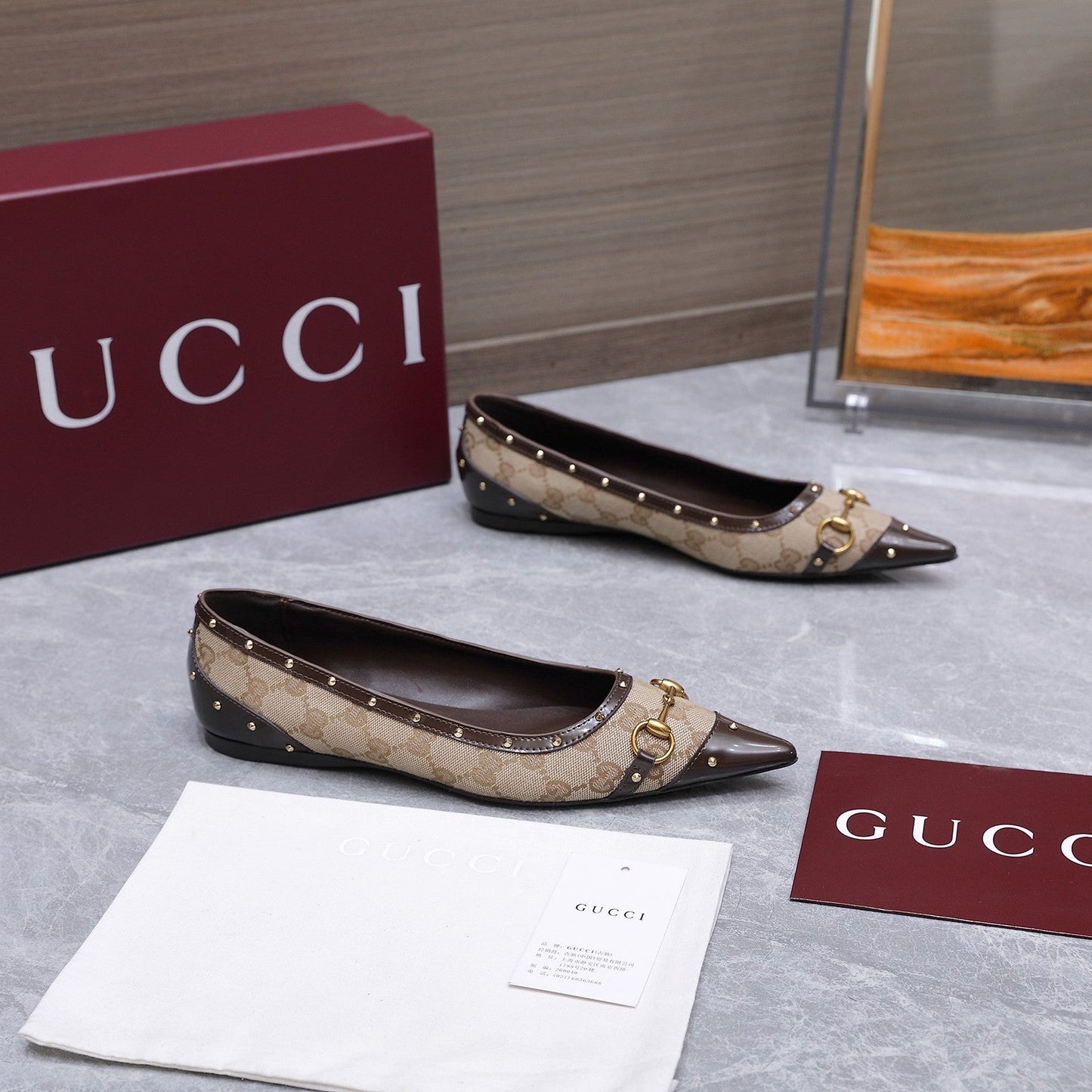 GG Savoy Ballerina Beige Brown Denim Leather 864281