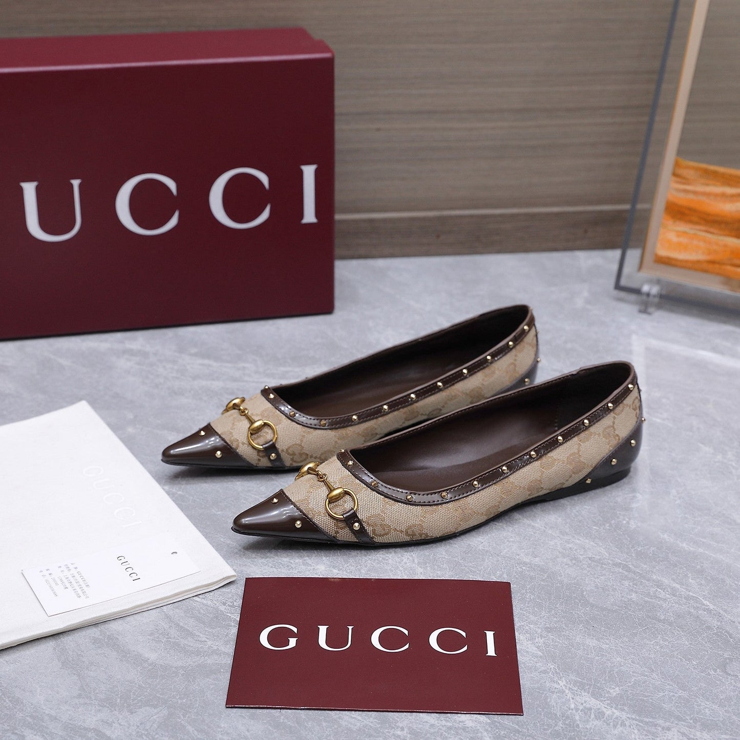 GG Savoy Ballerina Beige Brown Denim Leather 864281