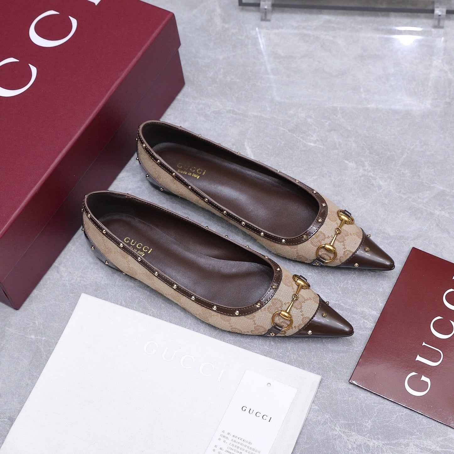 GG Savoy Ballerina Beige Brown Denim Leather 864281