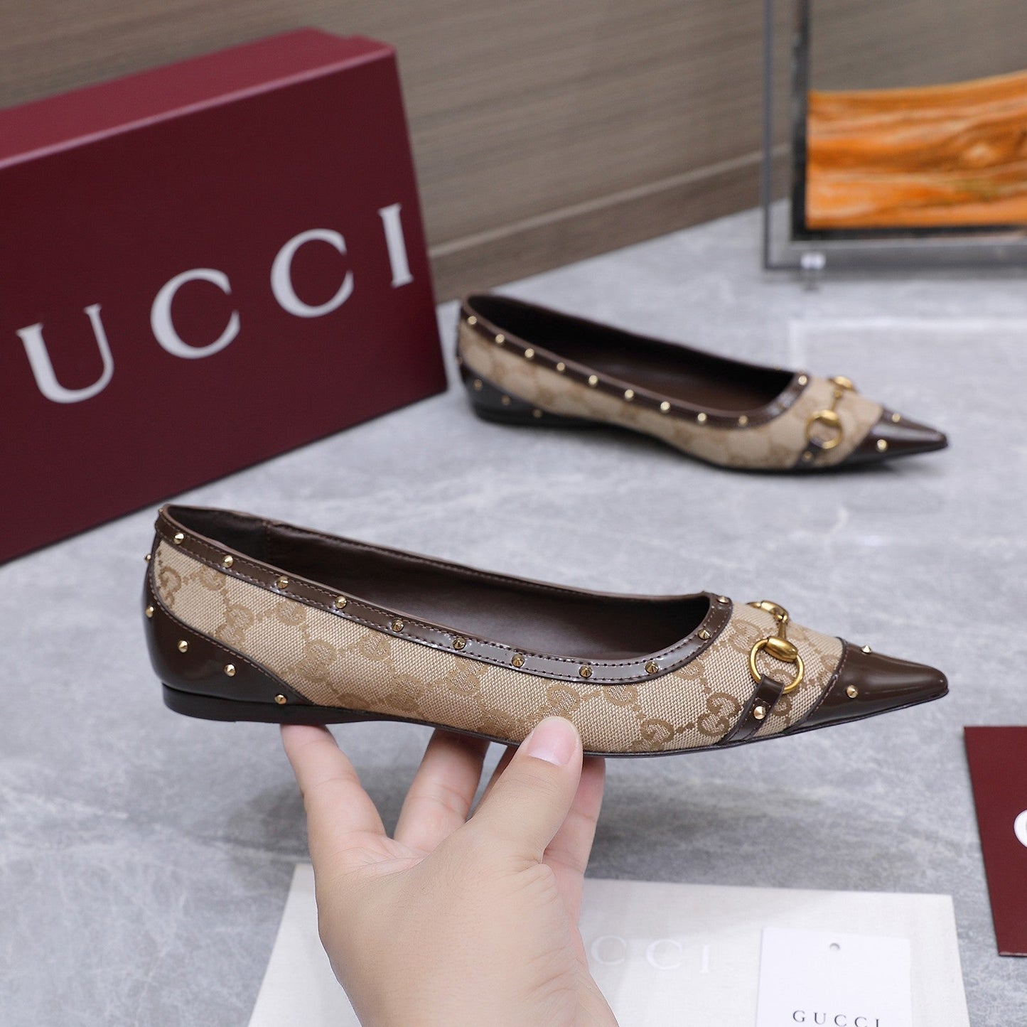 GG Savoy Ballerina Beige Brown Denim Leather 864281