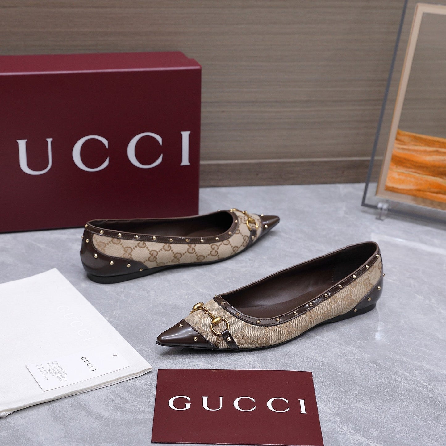 GG Savoy Ballerina Beige Brown Denim Leather 864281