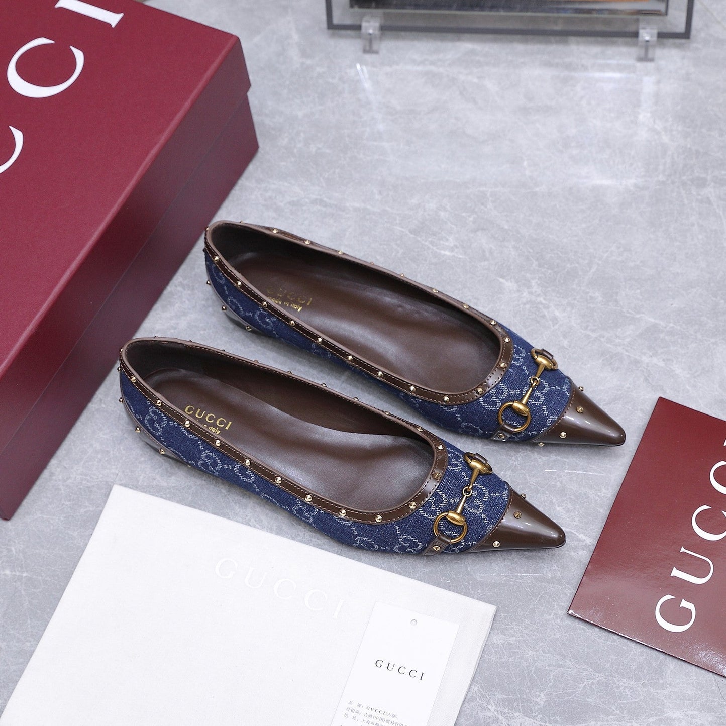 GG Savoy Ballerina Blue Brown Denim Leather 864282
