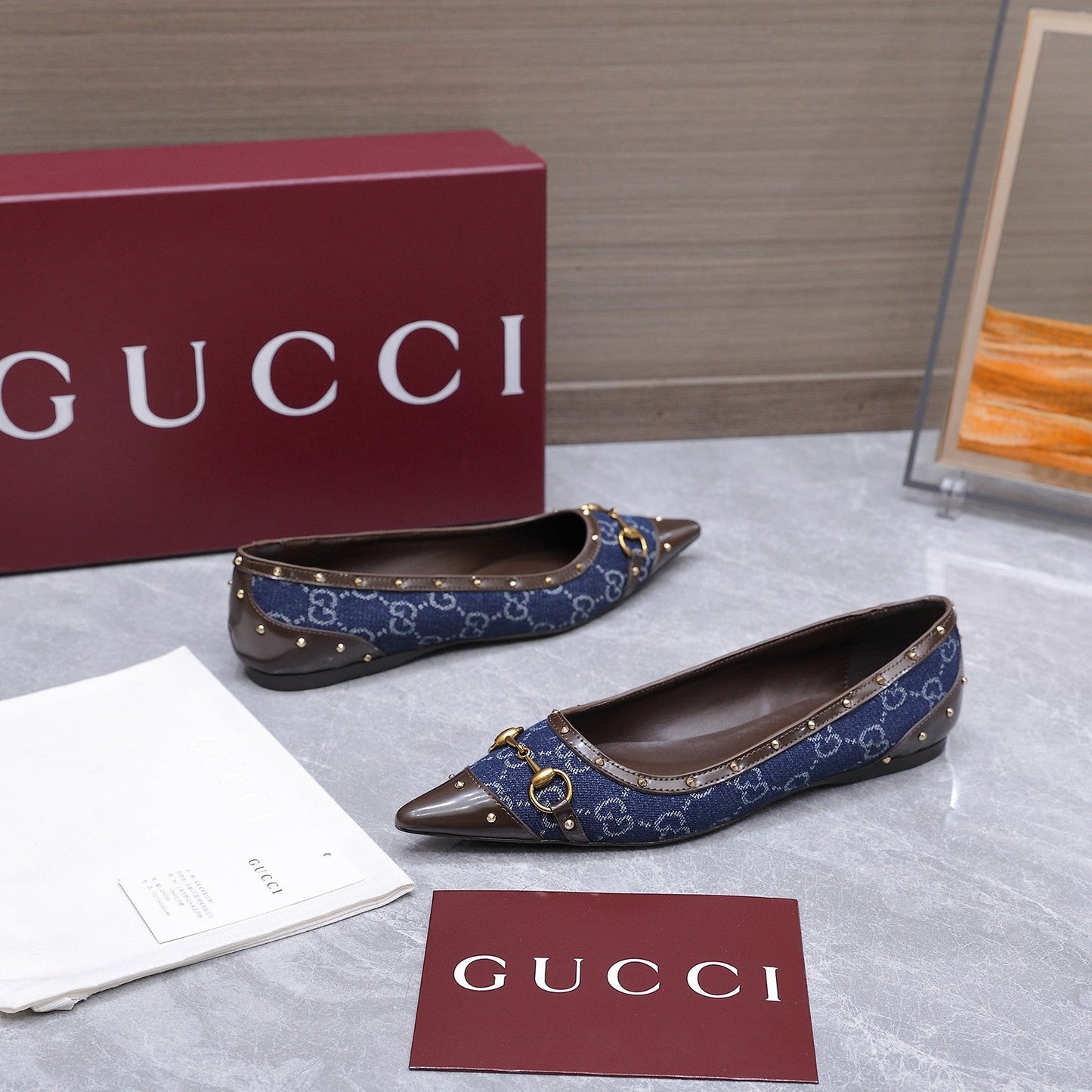 GG Savoy Ballerina Blue Brown Denim Leather 864282