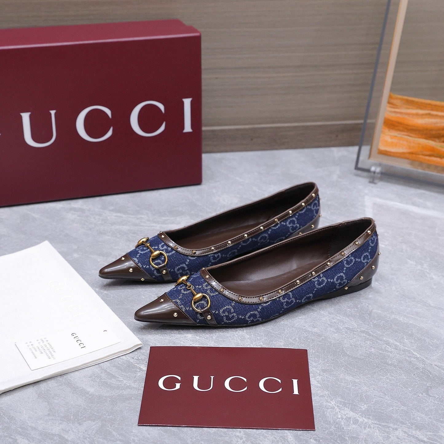 GG Savoy Ballerina Blue Brown Denim Leather 864282