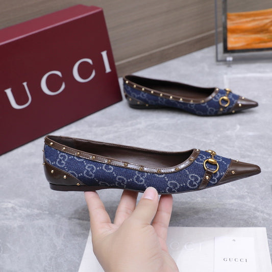 GG Savoy Ballerina Blue Brown Denim Leather 864282