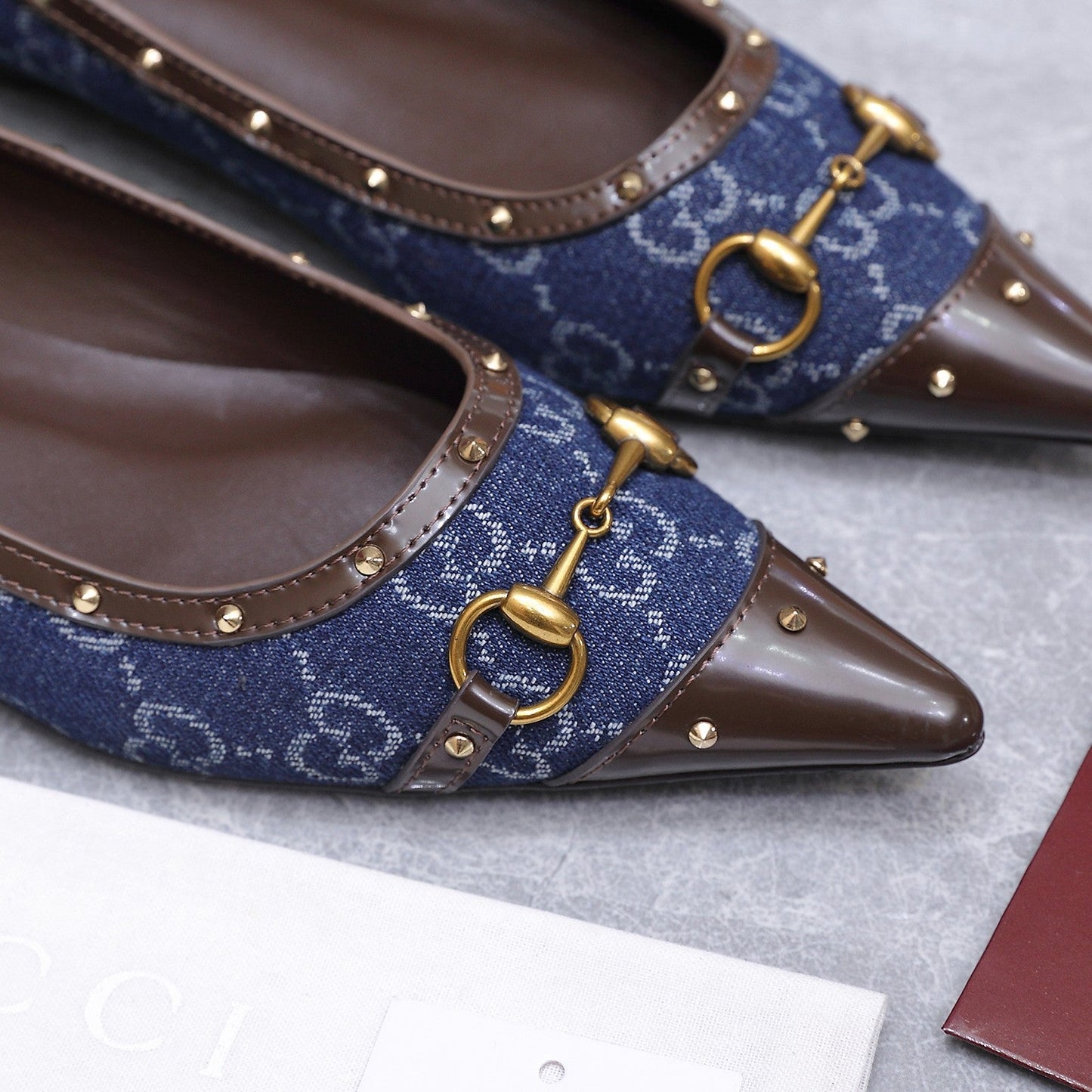 GG Savoy Ballerina Blue Brown Denim Leather 864282