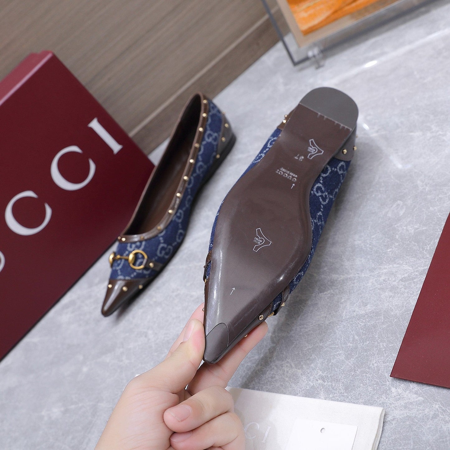 GG Savoy Ballerina Blue Brown Denim Leather 864282