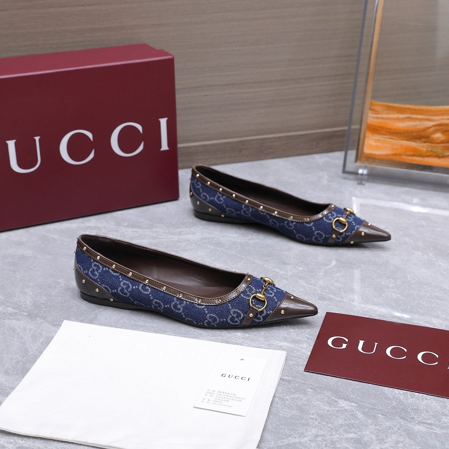 GG Savoy Ballerina Blue Brown Denim Leather 864282