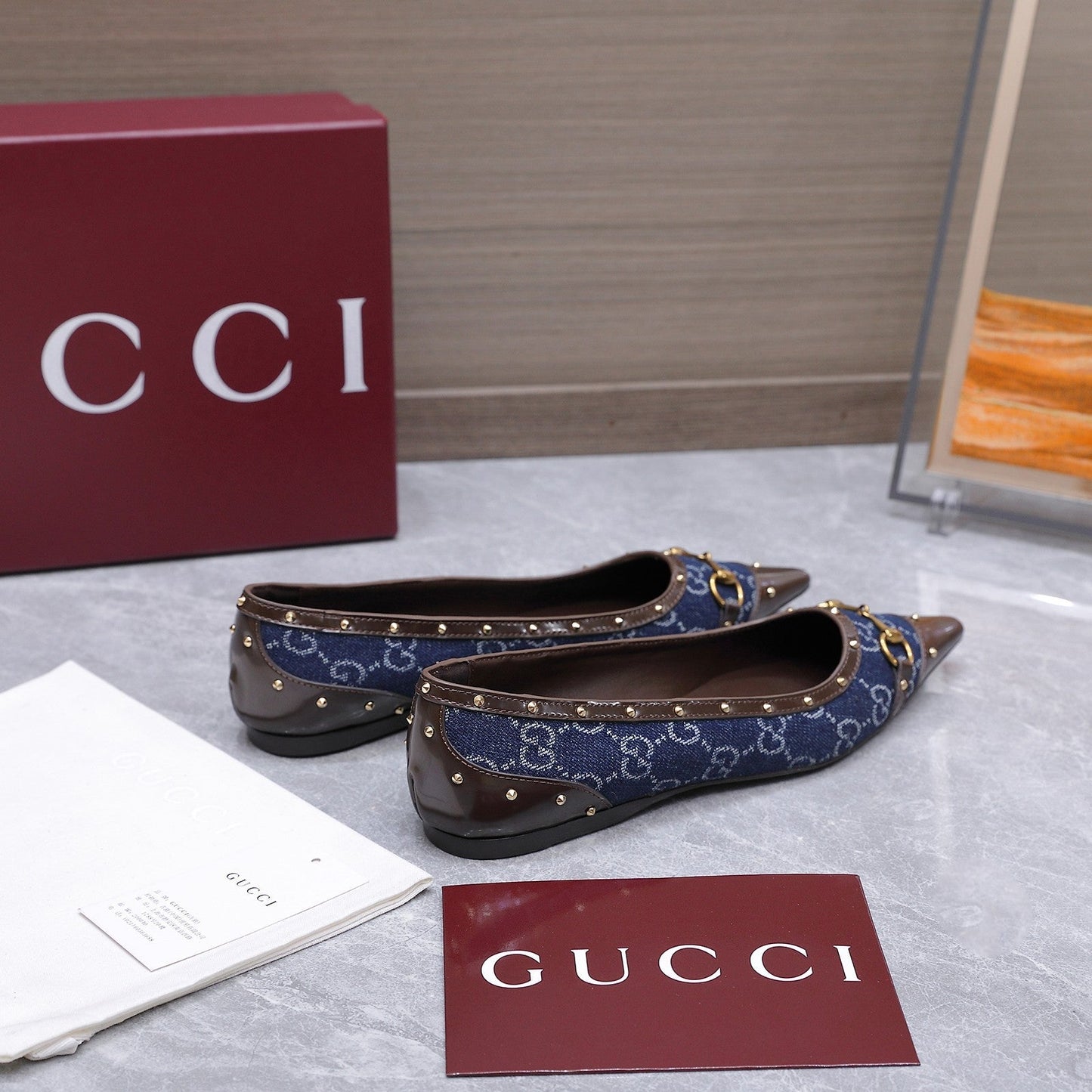 GG Savoy Ballerina Blue Brown Denim Leather 864282