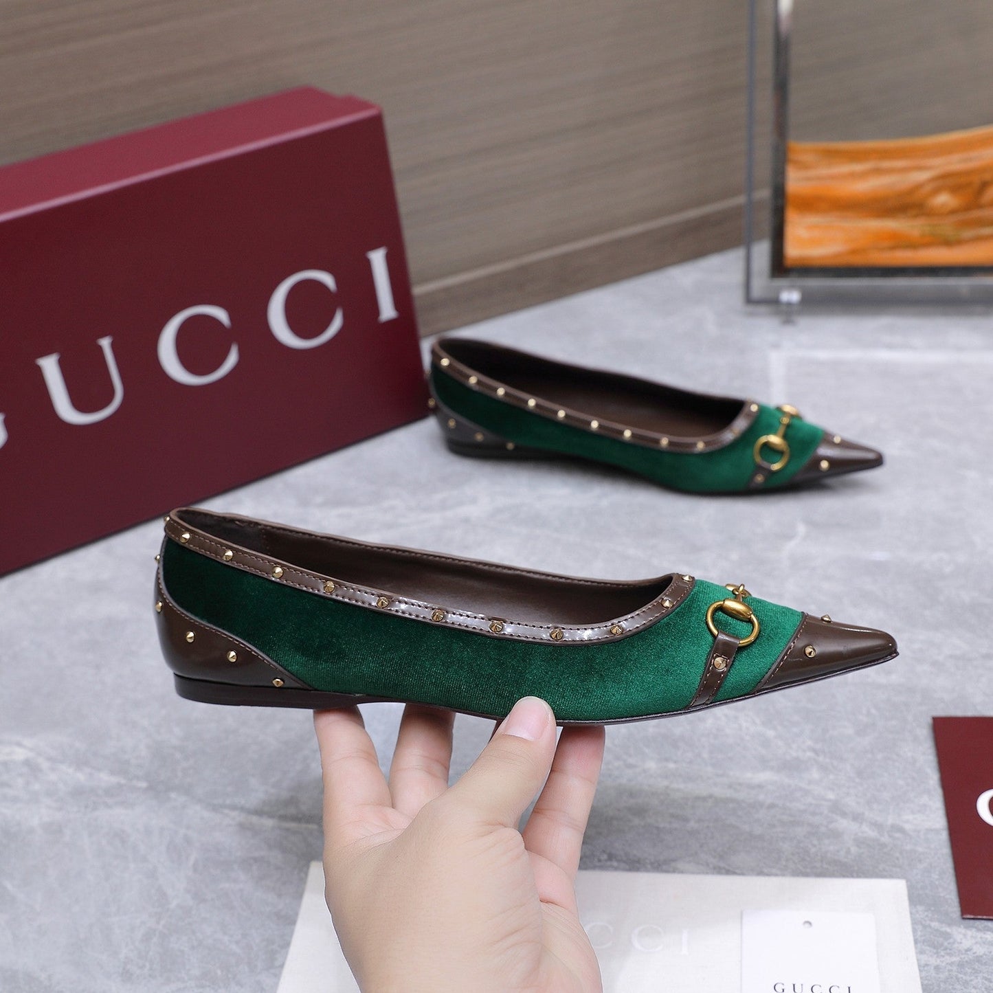 GG Savoy Ballerina Teal Green Brown Velvet Leather 864285