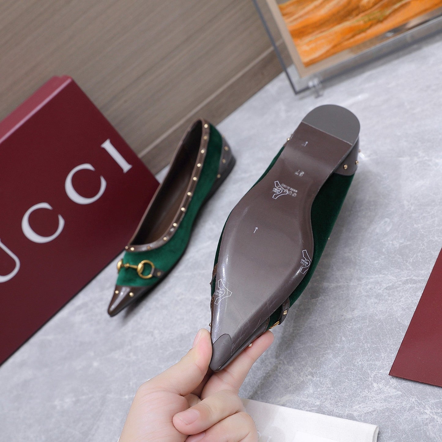 GG Savoy Ballerina Teal Green Brown Velvet Leather 864285