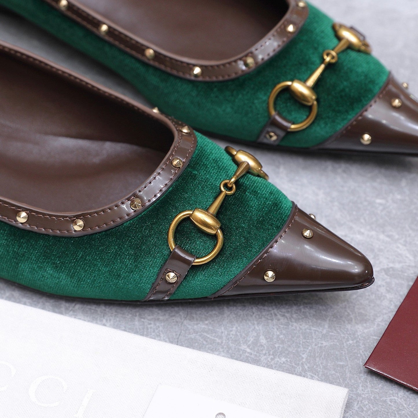 GG Savoy Ballerina Teal Green Brown Velvet Leather 864285