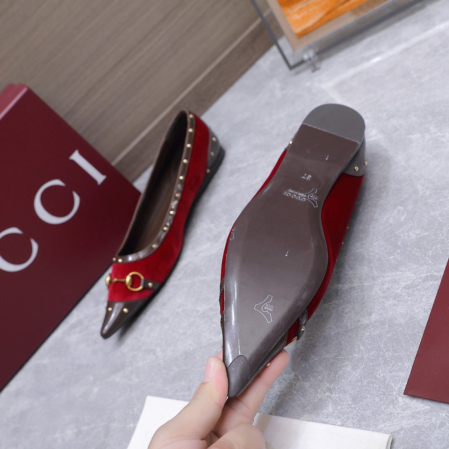GG Savoy Ballerina Red Brown Velvet Leather 864286