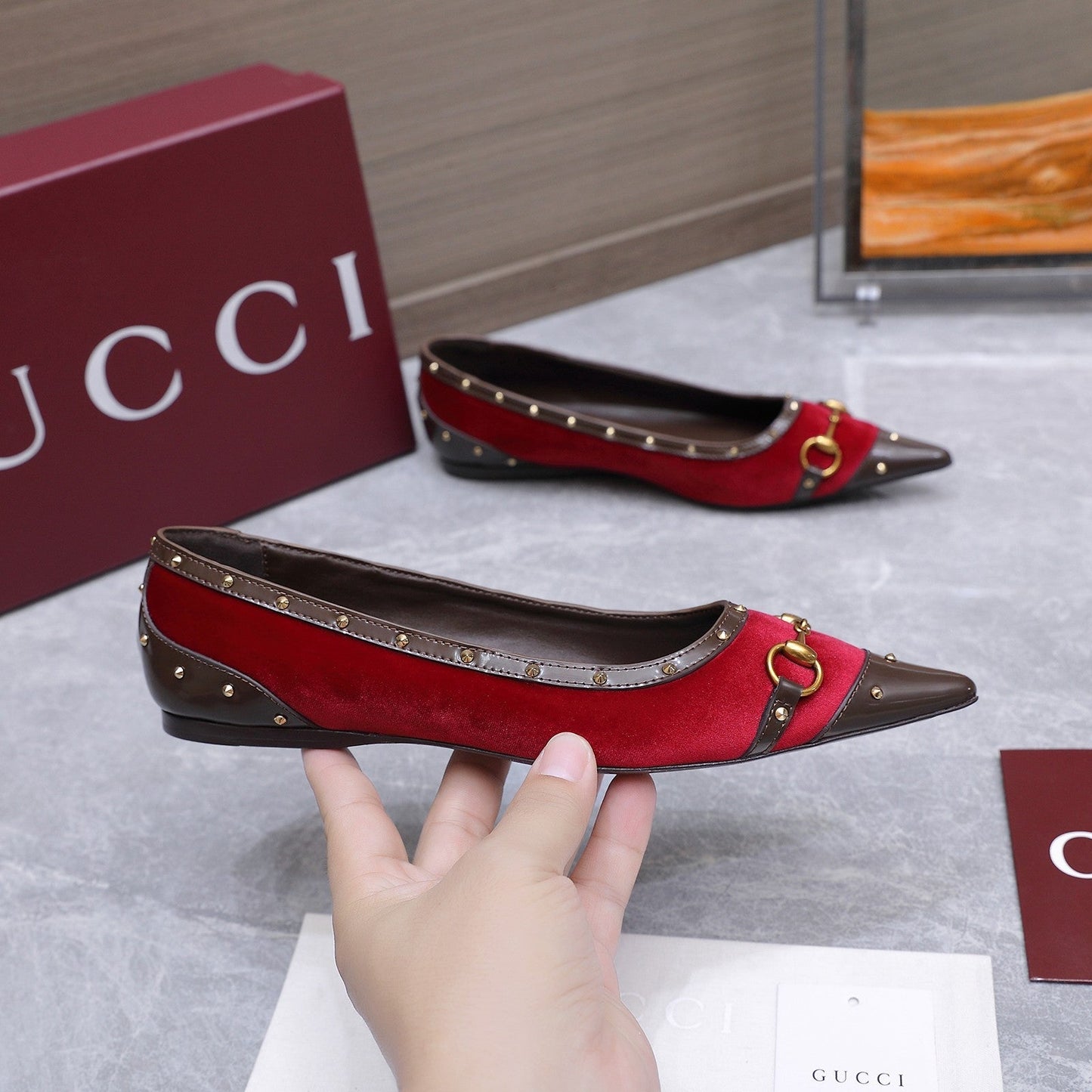GG Savoy Ballerina Red Brown Velvet Leather 864286