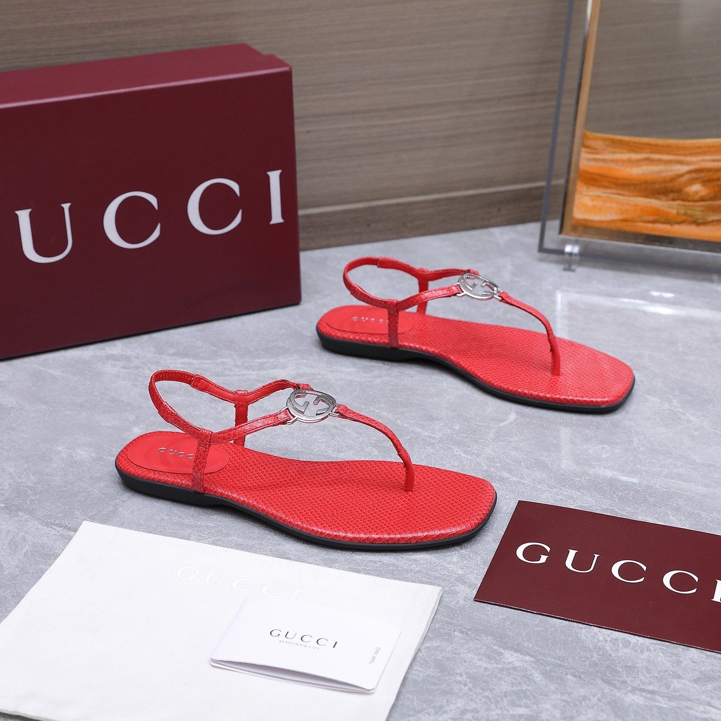 GG Thong Sandal With Interlocking G Red Snakeskin 864291