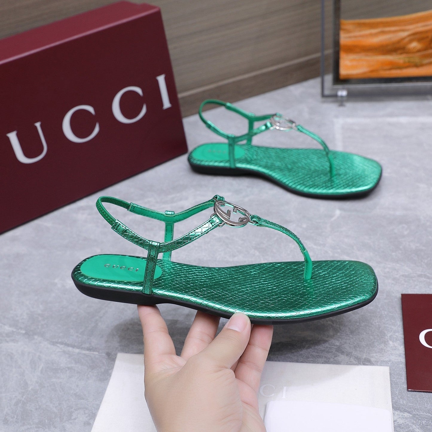 GG Thong Sandal With Interlocking G Teal Green Snakeskin 864292