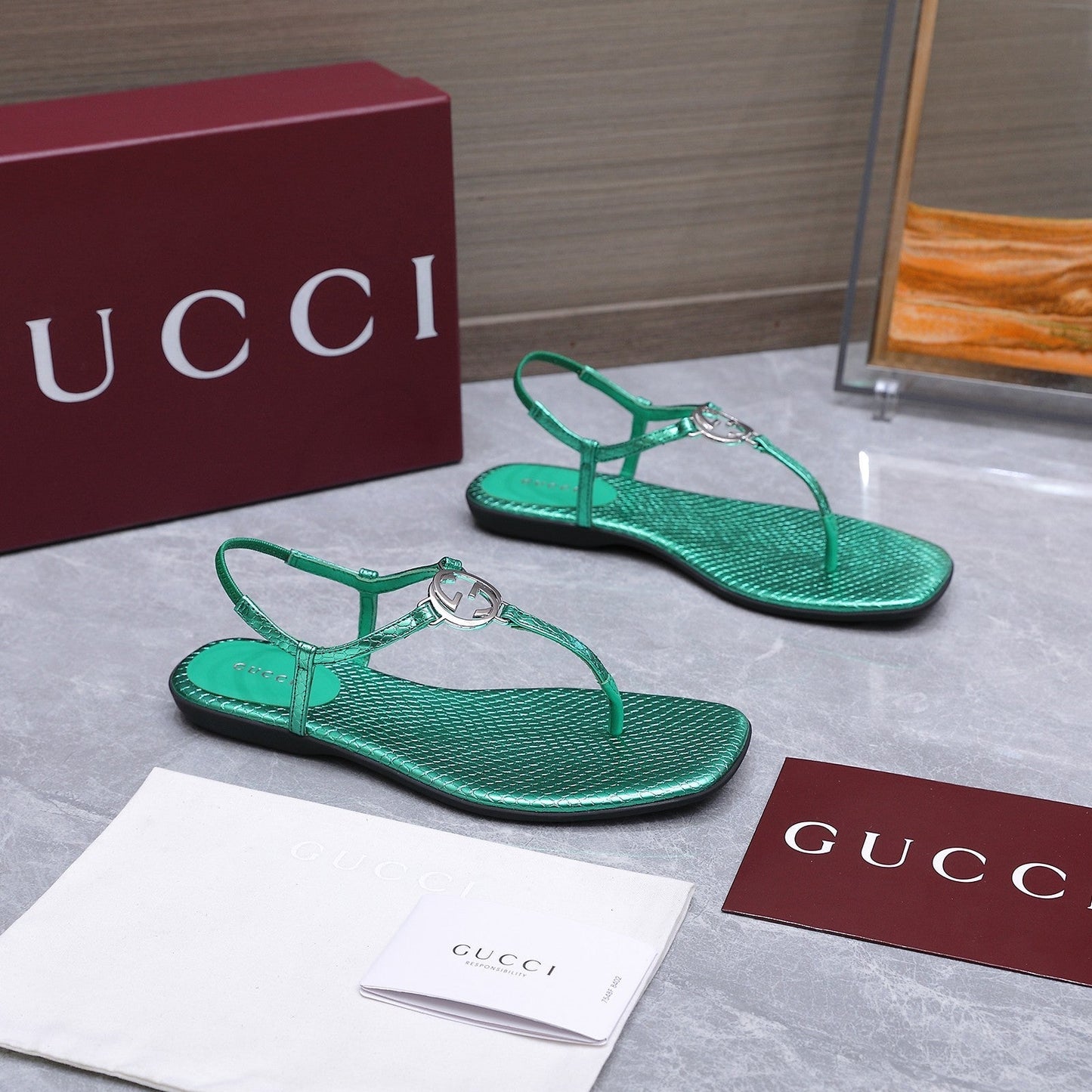 GG Thong Sandal With Interlocking G Teal Green Snakeskin 864292